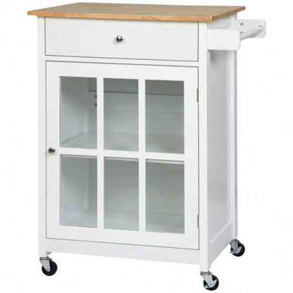 HOMCOM 27 Rolling Kitchen Island Cart with Drawer and Glass Door Cabinet, Kitchen Trolley with Adjustable Shelf and Towel Rack, White