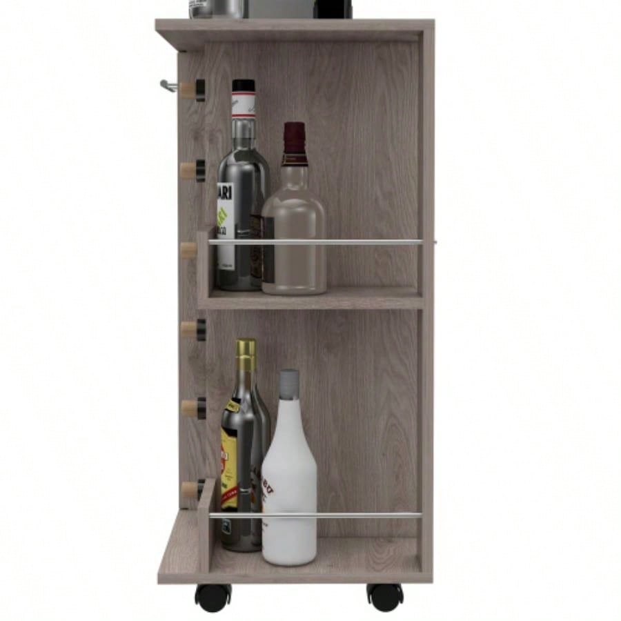 Bar Cart, Two External Shelves, Four Casters, Six Built - in Wine Rack, Single Door Cabinet - Light Gray