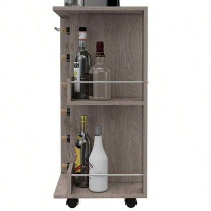 Bar Cart, Two External Shelves, Four Casters, Six Built - in Wine Rack, Single Door Cabinet - Light Gray