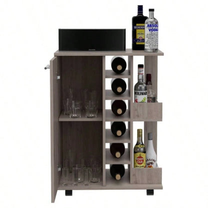 Bar Cart, Two External Shelves, Four Casters, Six Built - in Wine Rack, Single Door Cabinet - Light Gray