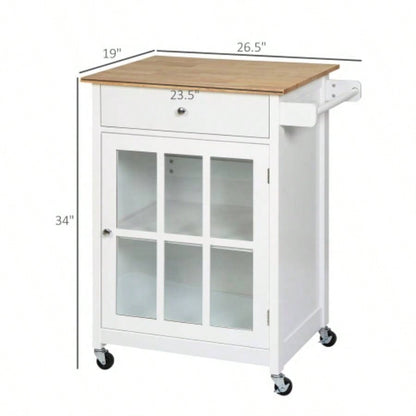 HOMCOM 27 Rolling Kitchen Island Cart with Drawer and Glass Door Cabinet, Kitchen Trolley with Adjustable Shelf and Towel Rack, White