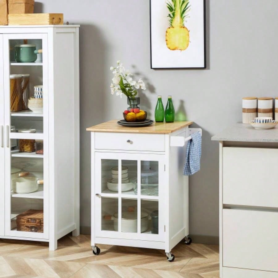 HOMCOM 27 Rolling Kitchen Island Cart with Drawer and Glass Door Cabinet, Kitchen Trolley with Adjustable Shelf and Towel Rack, White