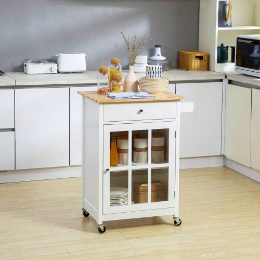 HOMCOM 27 Rolling Kitchen Island Cart with Drawer and Glass Door Cabinet, Kitchen Trolley with Adjustable Shelf and Towel Rack, White
