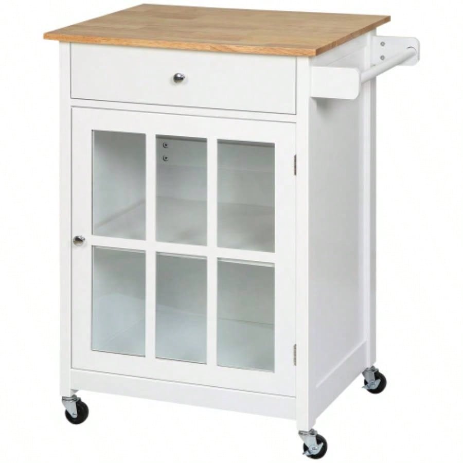 HOMCOM 27 Rolling Kitchen Island Cart with Drawer and Glass Door Cabinet, Kitchen Trolley with Adjustable Shelf and Towel Rack, White