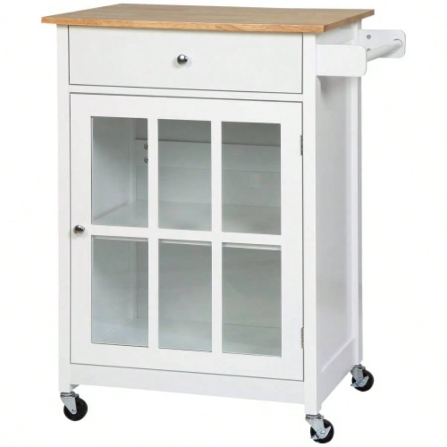 HOMCOM 27 Rolling Kitchen Island Cart with Drawer and Glass Door Cabinet, Kitchen Trolley with Adjustable Shelf and Towel Rack, White