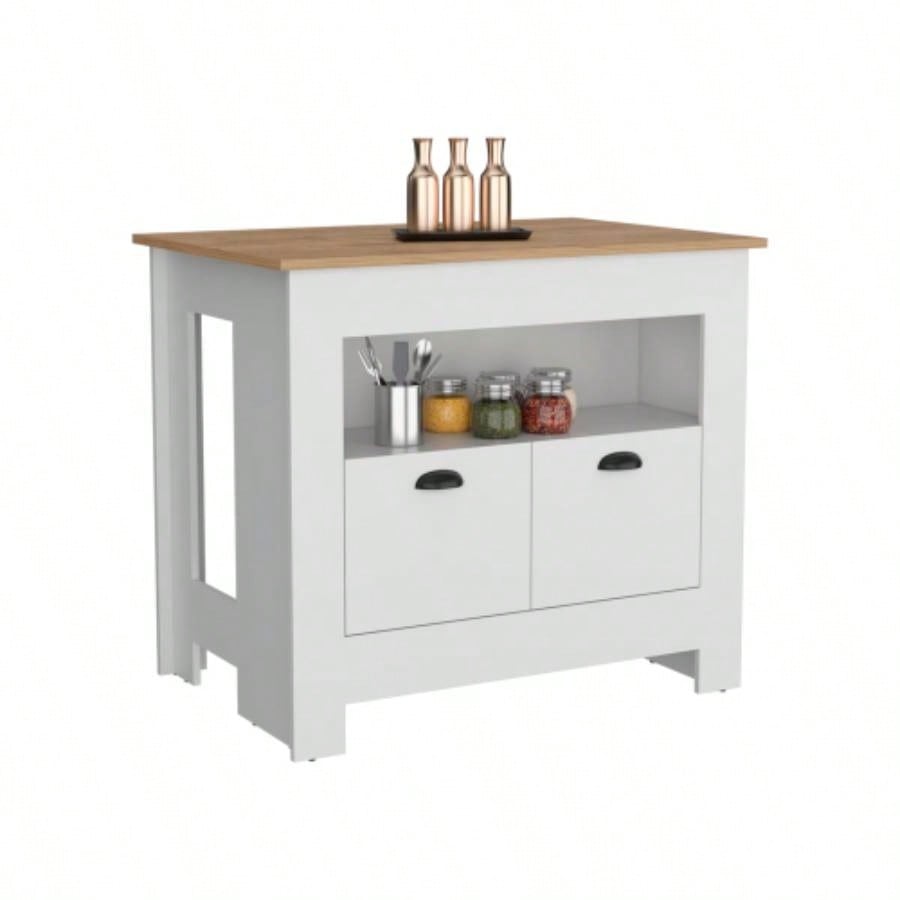 Kitchen Island 35 H, 2 doors, 3 shelves, White/Macadamia