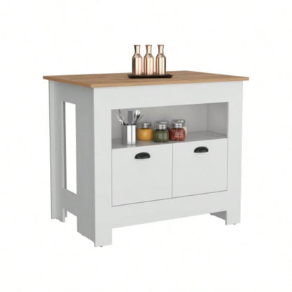 Kitchen Island 35 H, 2 doors, 3 shelves, White/Macadamia