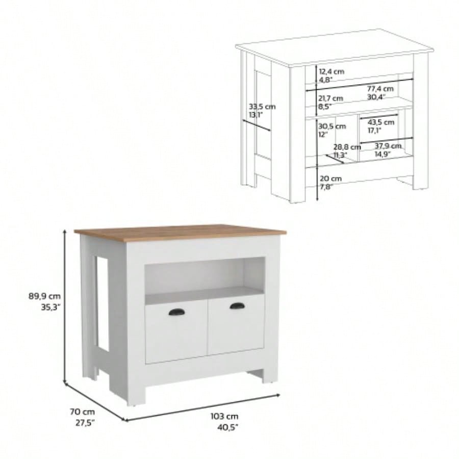 Kitchen Island 35 H, 2 doors, 3 shelves, White/Macadamia