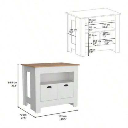 Kitchen Island 35 H, 2 doors, 3 shelves, White/Macadamia
