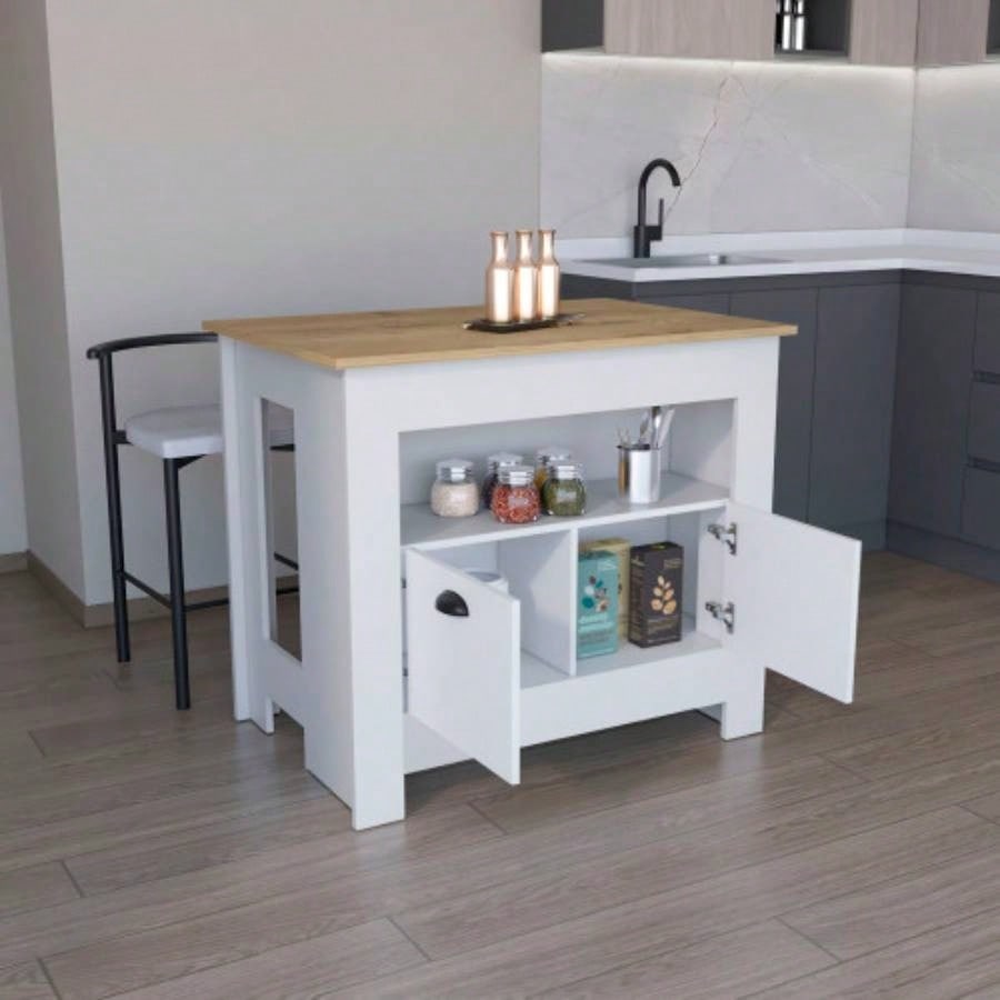 Kitchen Island 35 H, 2 doors, 3 shelves, White/Macadamia