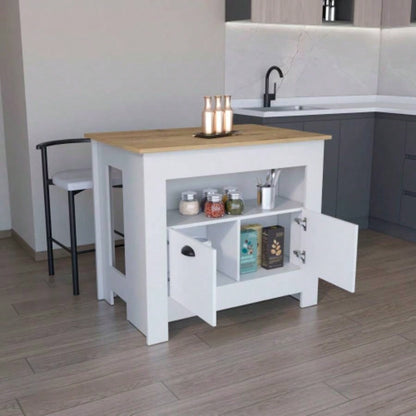 Kitchen Island 35 H, 2 doors, 3 shelves, White/Macadamia