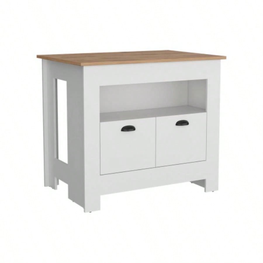 Kitchen Island 35 H, 2 doors, 3 shelves, White/Macadamia