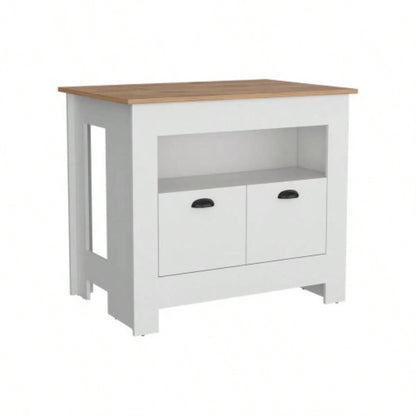 Kitchen Island 35 H, 2 doors, 3 shelves, White/Macadamia