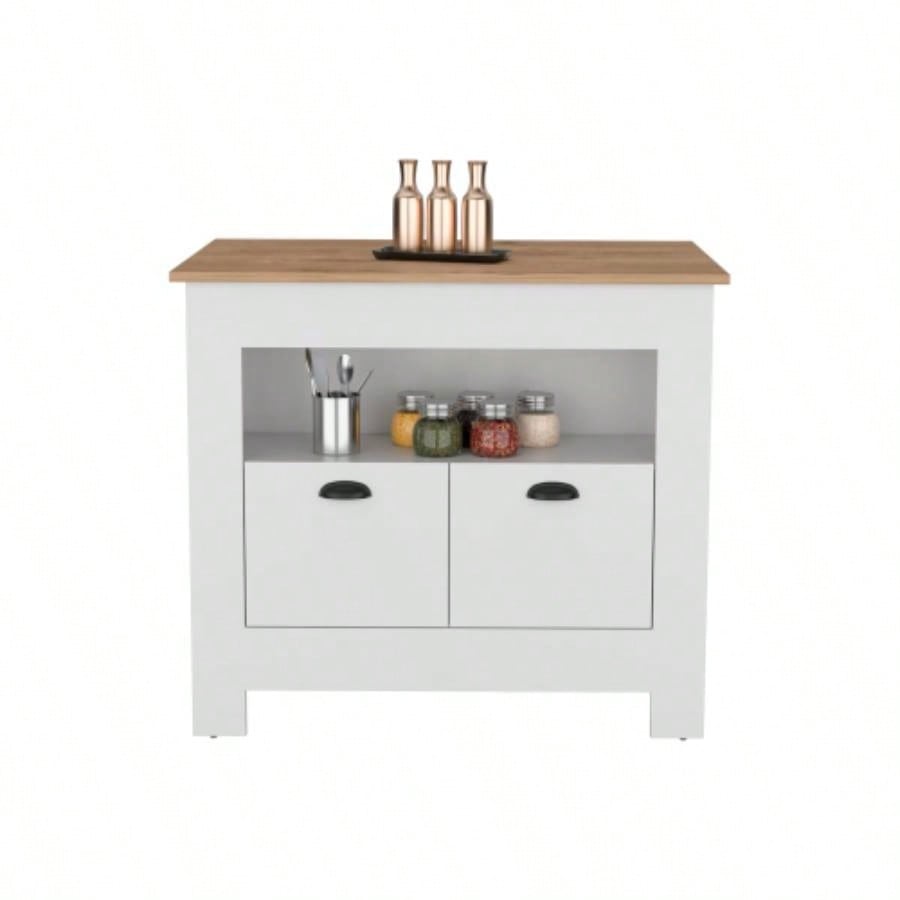 Kitchen Island 35 H, 2 doors, 3 shelves, White/Macadamia