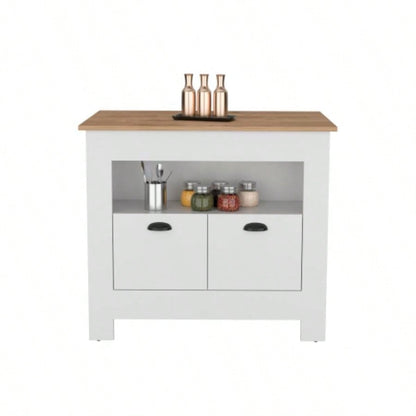 Kitchen Island 35 H, 2 doors, 3 shelves, White/Macadamia