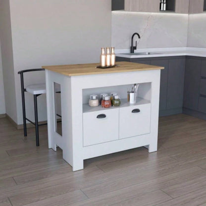 Kitchen Island 35 H, 2 doors, 3 shelves, White/Macadamia