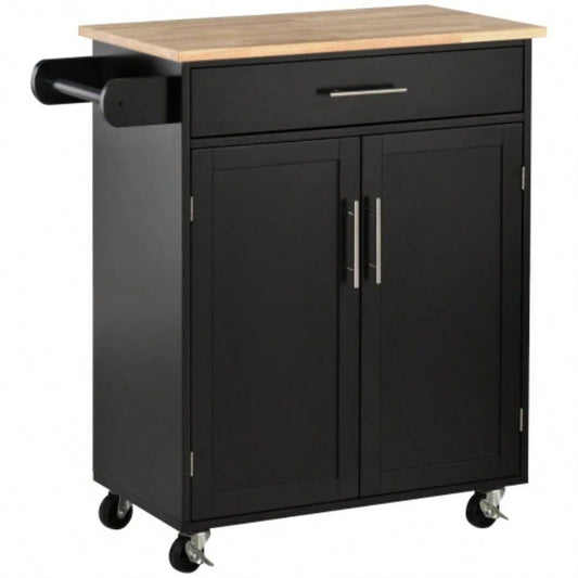 HOMCOM Kitchen Island Cart Rolling Trolley Cart with Drawer, Storage Cabinet Towel Rack, Black
