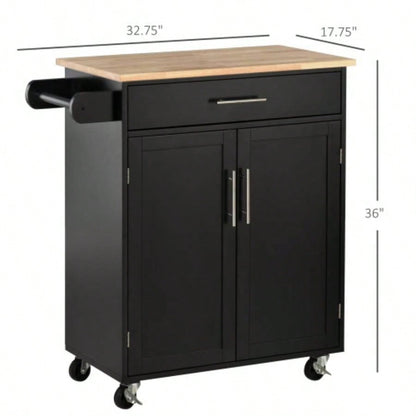 HOMCOM Kitchen Island Cart Rolling Trolley Cart with Drawer, Storage Cabinet Towel Rack, Black