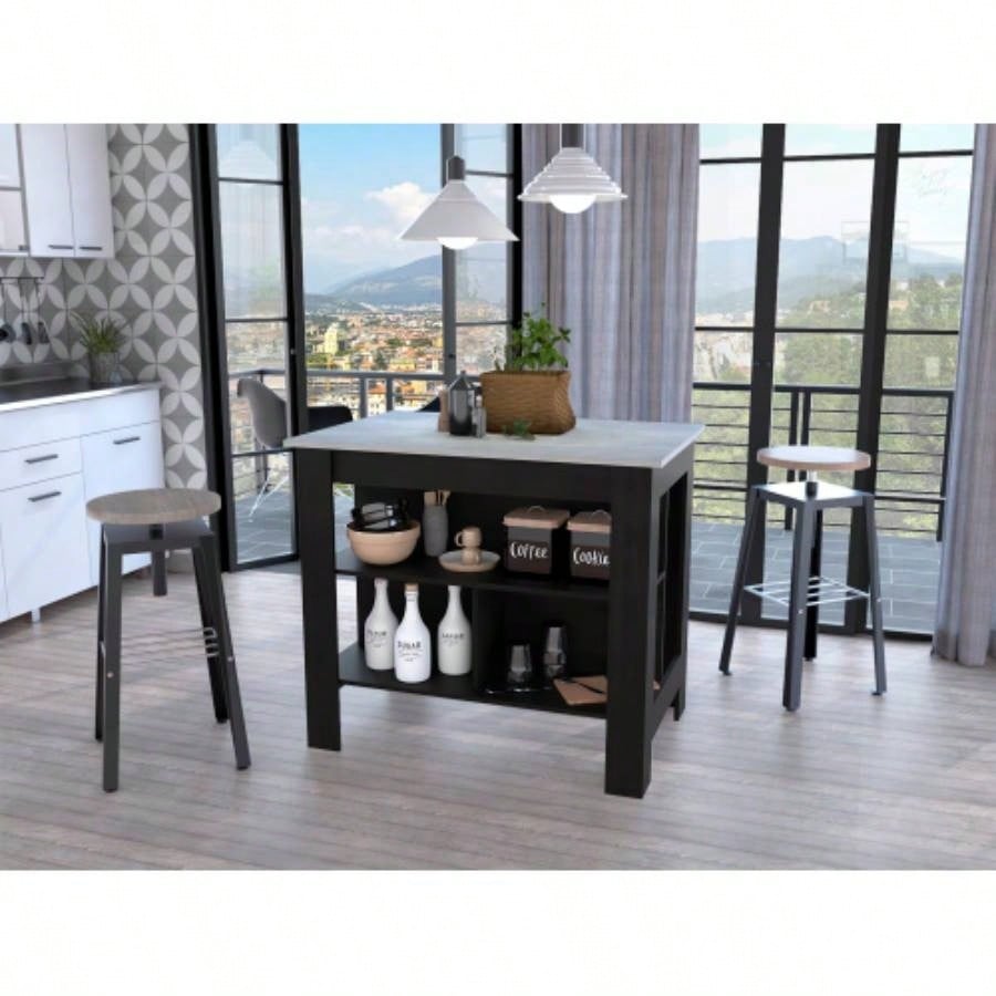 Rockaway 3 - Shelf Kitchen Island Black and Ibiza Marble