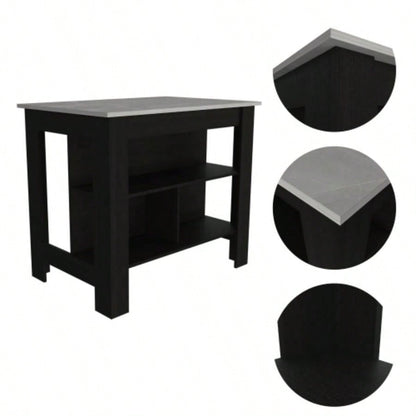 Rockaway 3 - Shelf Kitchen Island Black and Ibiza Marble