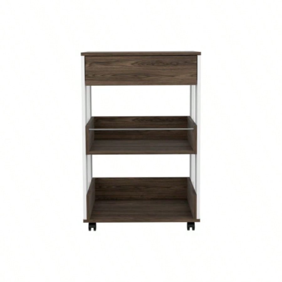 White and Dark Walnut 1 - Drawer 2 - Shelf Kitchen Cart with Caster