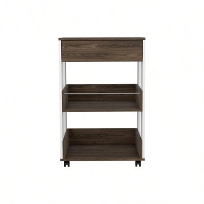 White and Dark Walnut 1 - Drawer 2 - Shelf Kitchen Cart with Caster