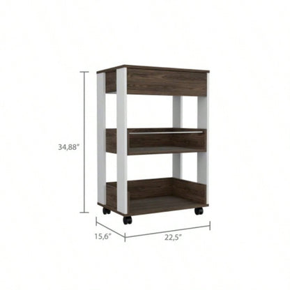 White and Dark Walnut 1 - Drawer 2 - Shelf Kitchen Cart with Caster