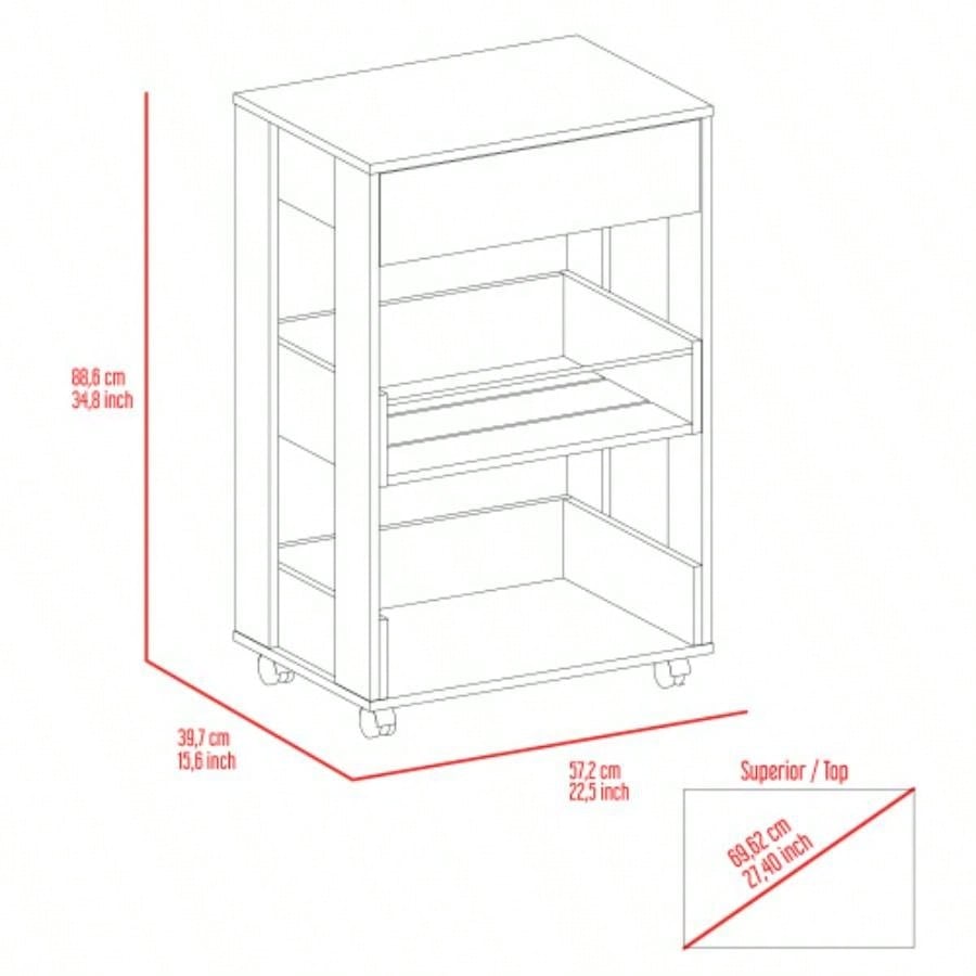 White and Dark Walnut 1 - Drawer 2 - Shelf Kitchen Cart with Caster