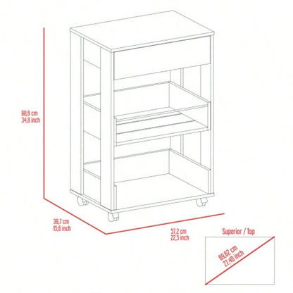 White and Dark Walnut 1 - Drawer 2 - Shelf Kitchen Cart with Caster
