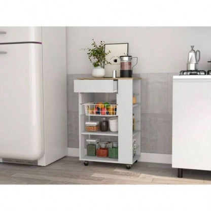 White and Light Oak 5 - Shelf 1 - Drawer Kitchen Cart
