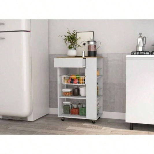 White and Light Oak 5 - Shelf 1 - Drawer Kitchen Cart