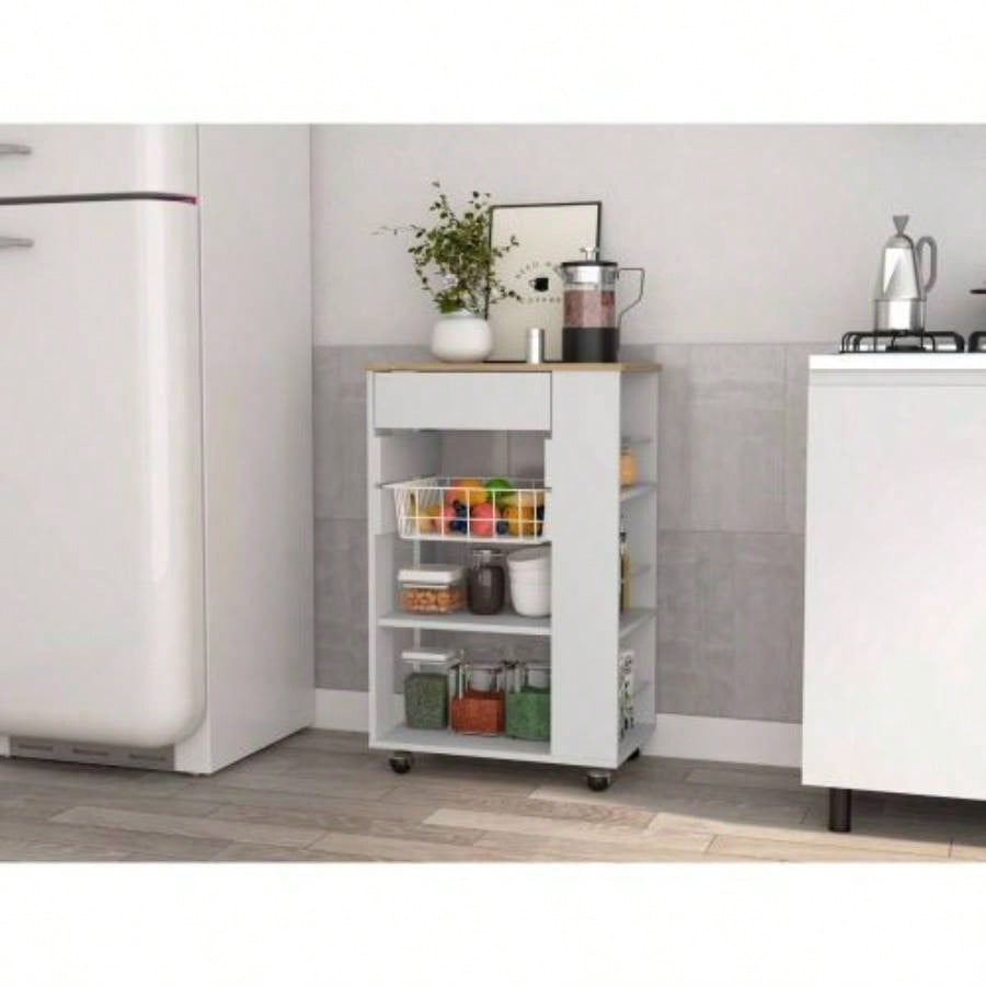 White and Light Oak 5 - Shelf 1 - Drawer Kitchen Cart