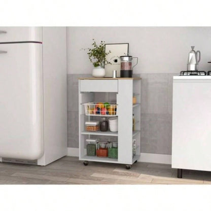 White and Light Oak 5 - Shelf 1 - Drawer Kitchen Cart