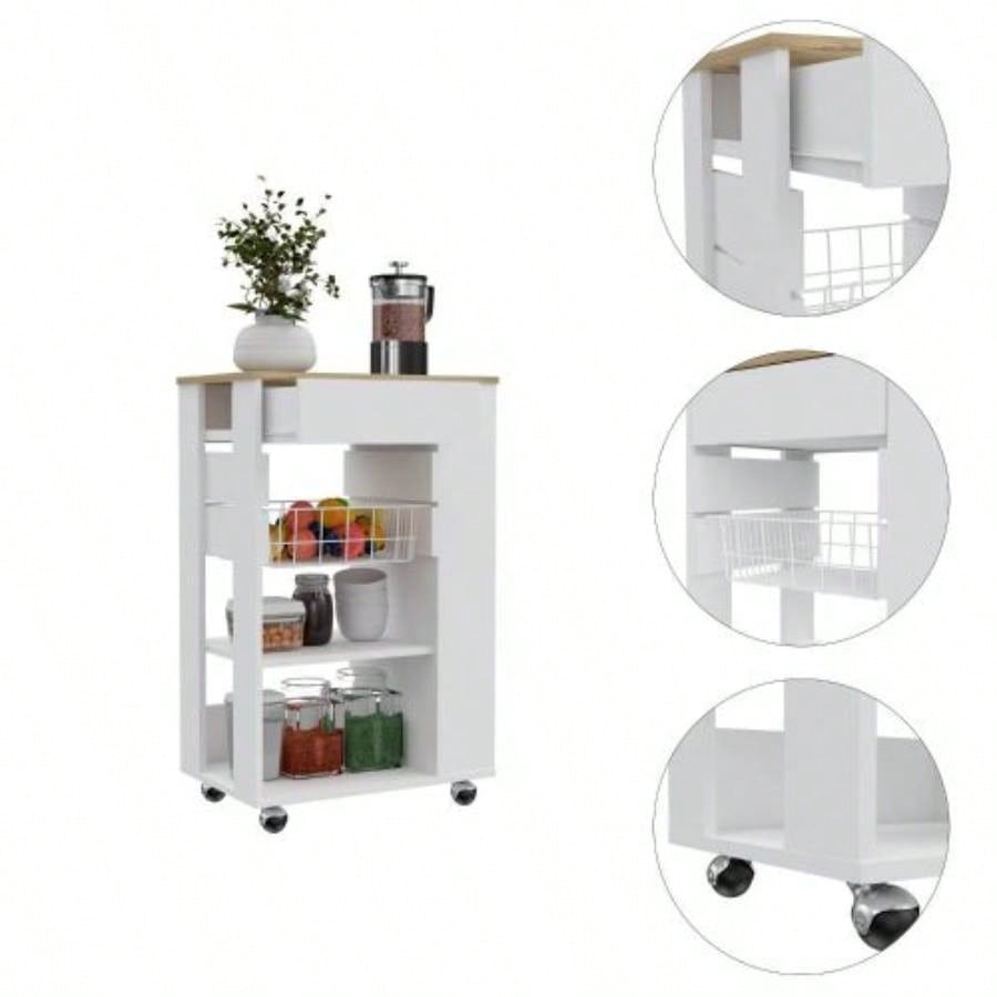 White and Light Oak 5 - Shelf 1 - Drawer Kitchen Cart