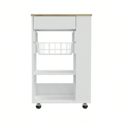 White and Light Oak 5 - Shelf 1 - Drawer Kitchen Cart