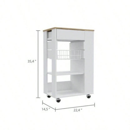 White and Light Oak 5 - Shelf 1 - Drawer Kitchen Cart