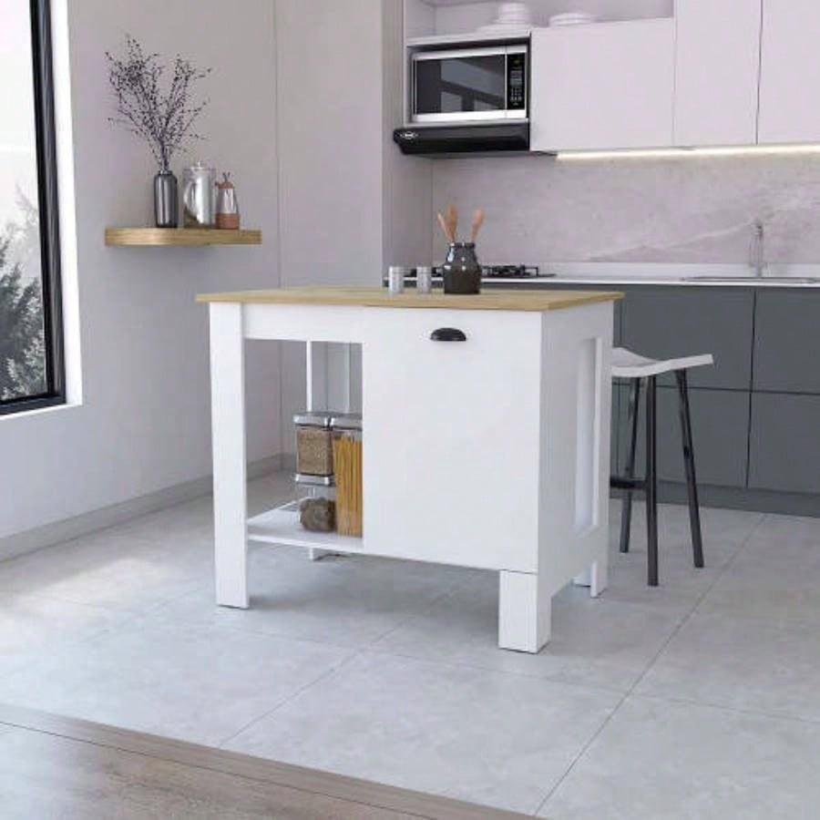 Vancouver 1 - Door Kitchen Island with Open Shelf White and Macadamia