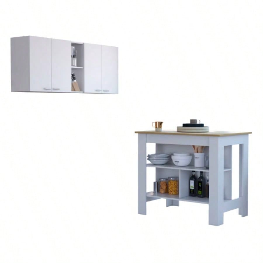 Sierra - Shelf 4 - Door 2 - piece Kitchen Set, Upper Wall Cabinet and Kitchen Island White and Light Oak
