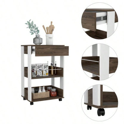 Kitchen Cart Coron with Drawer, Three - Tier Shelves and Casters, White/ Dark Walnut