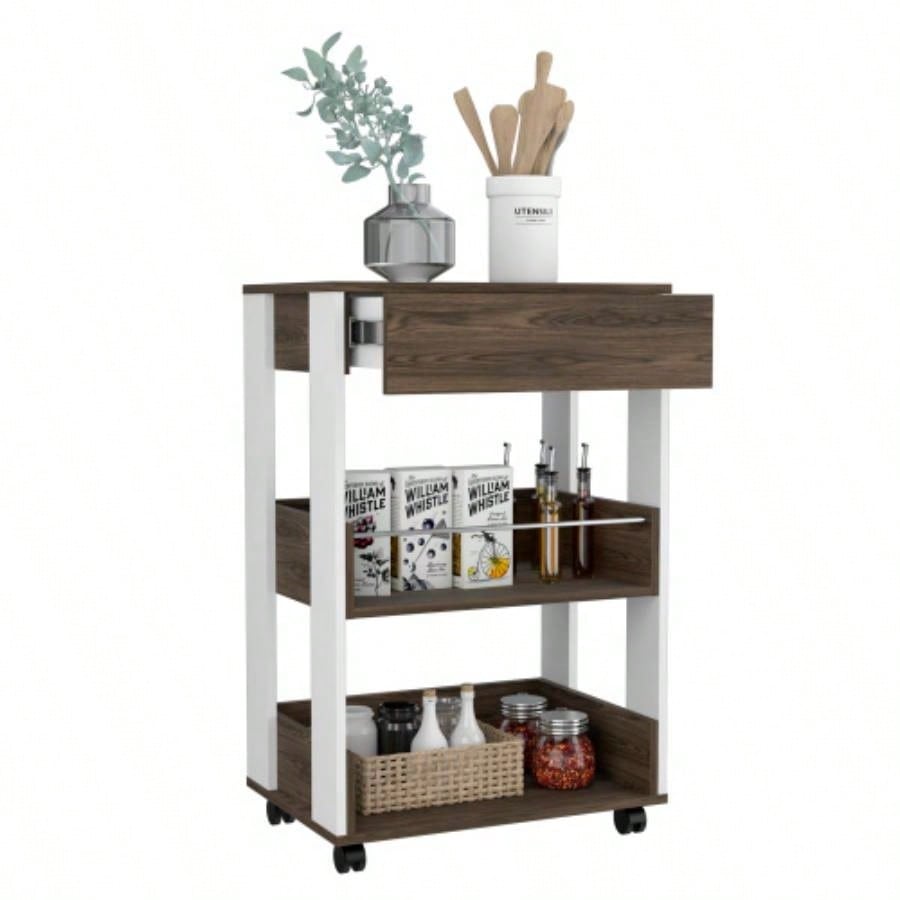 Kitchen Cart Coron with Drawer, Three - Tier Shelves and Casters, White/ Dark Walnut