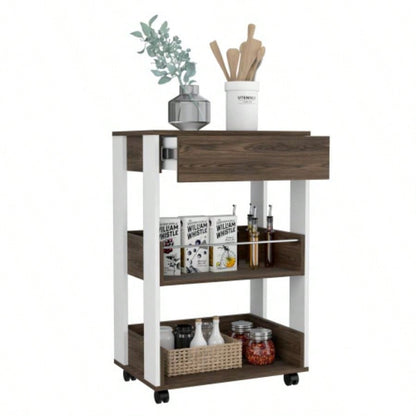 Kitchen Cart Coron with Drawer, Three - Tier Shelves and Casters, White/ Dark Walnut