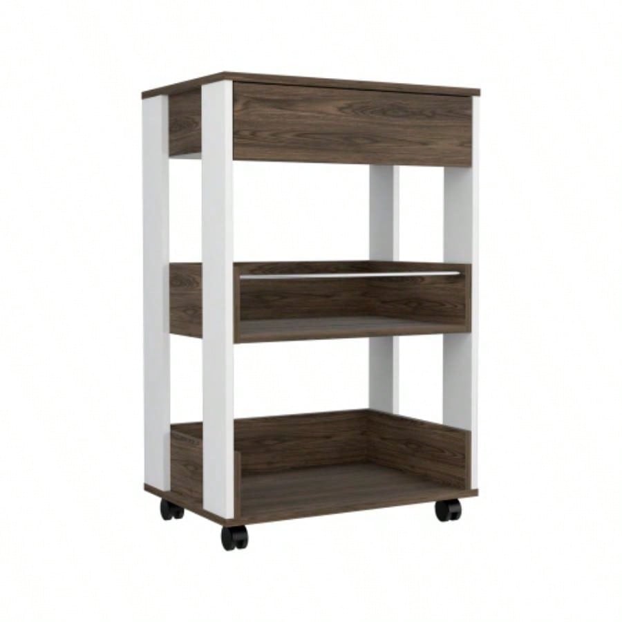 Kitchen Cart Coron with Drawer, Three - Tier Shelves and Casters, White/ Dark Walnut