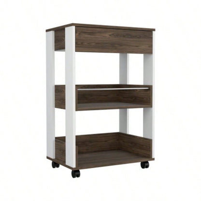 Kitchen Cart Coron with Drawer, Three - Tier Shelves and Casters, White/ Dark Walnut