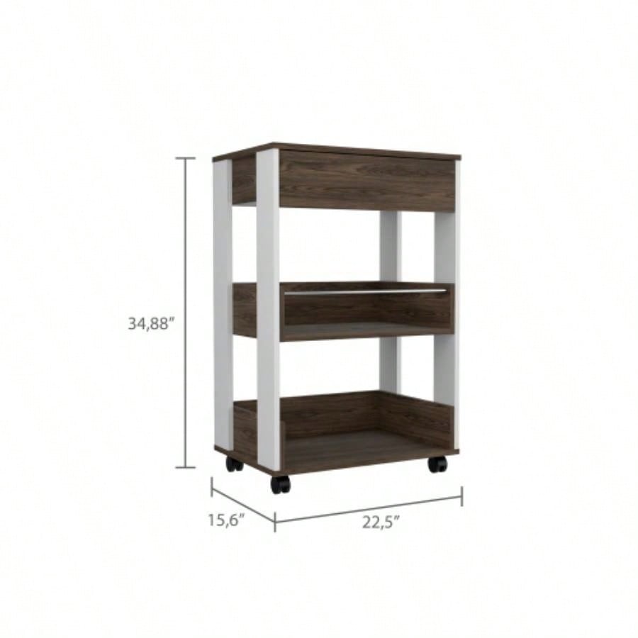 Kitchen Cart Coron with Drawer, Three - Tier Shelves and Casters, White/ Dark Walnut