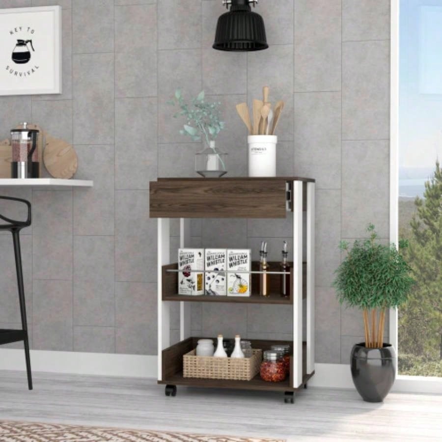Kitchen Cart Coron with Drawer, Three - Tier Shelves and Casters, White/ Dark Walnut