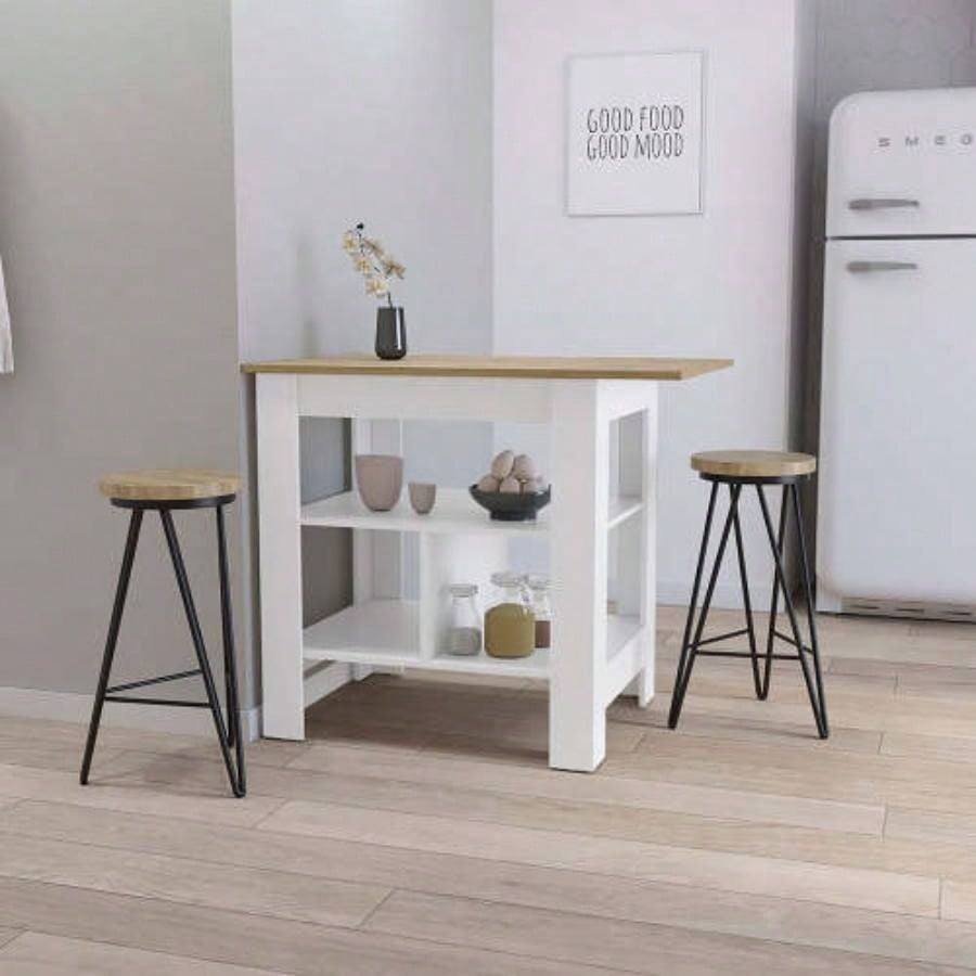 Lisbon Kitchen Island, 3 - Tier Shelf and Large Workstation