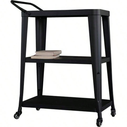 3 - Tiered Metal Frame, Industrial Dining Cart with Swivel Wheels, Black