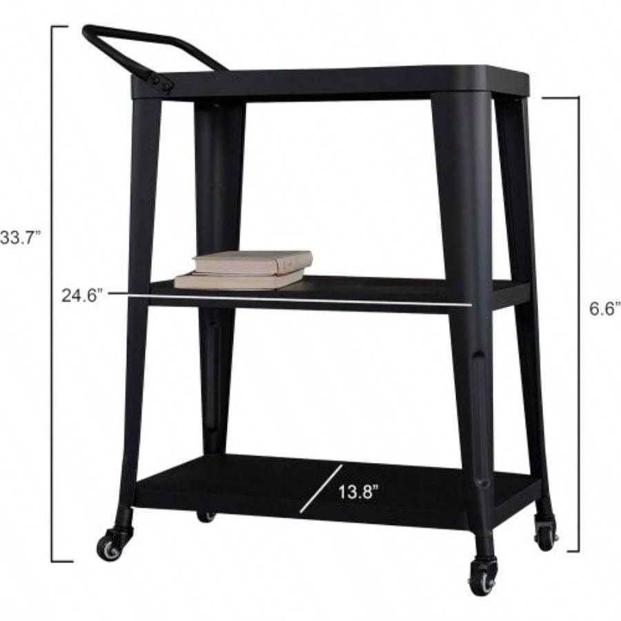 3 - Tiered Metal Frame, Industrial Dining Cart with Swivel Wheels, Black