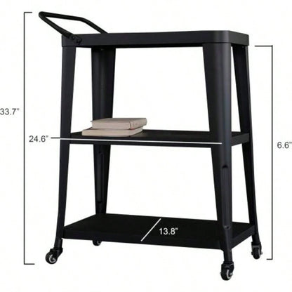 3 - Tiered Metal Frame, Industrial Dining Cart with Swivel Wheels, Black