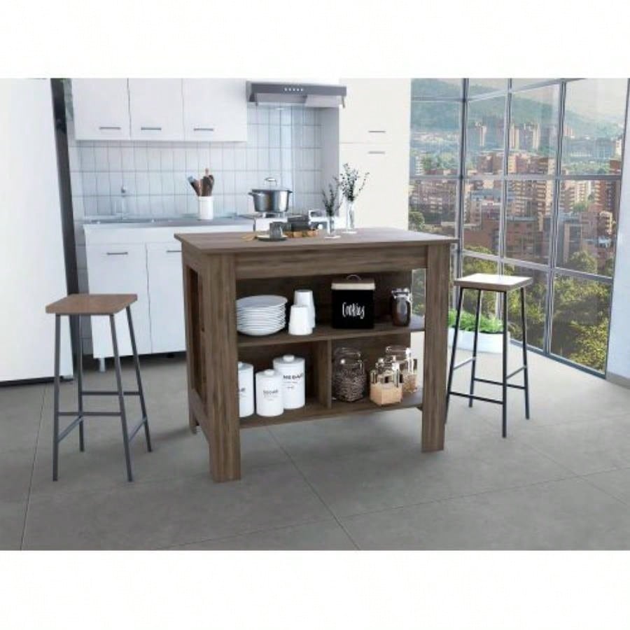 DEPOT E - SHOP Delos Kitchen Island, Four, Three Shelves, Dark Brown